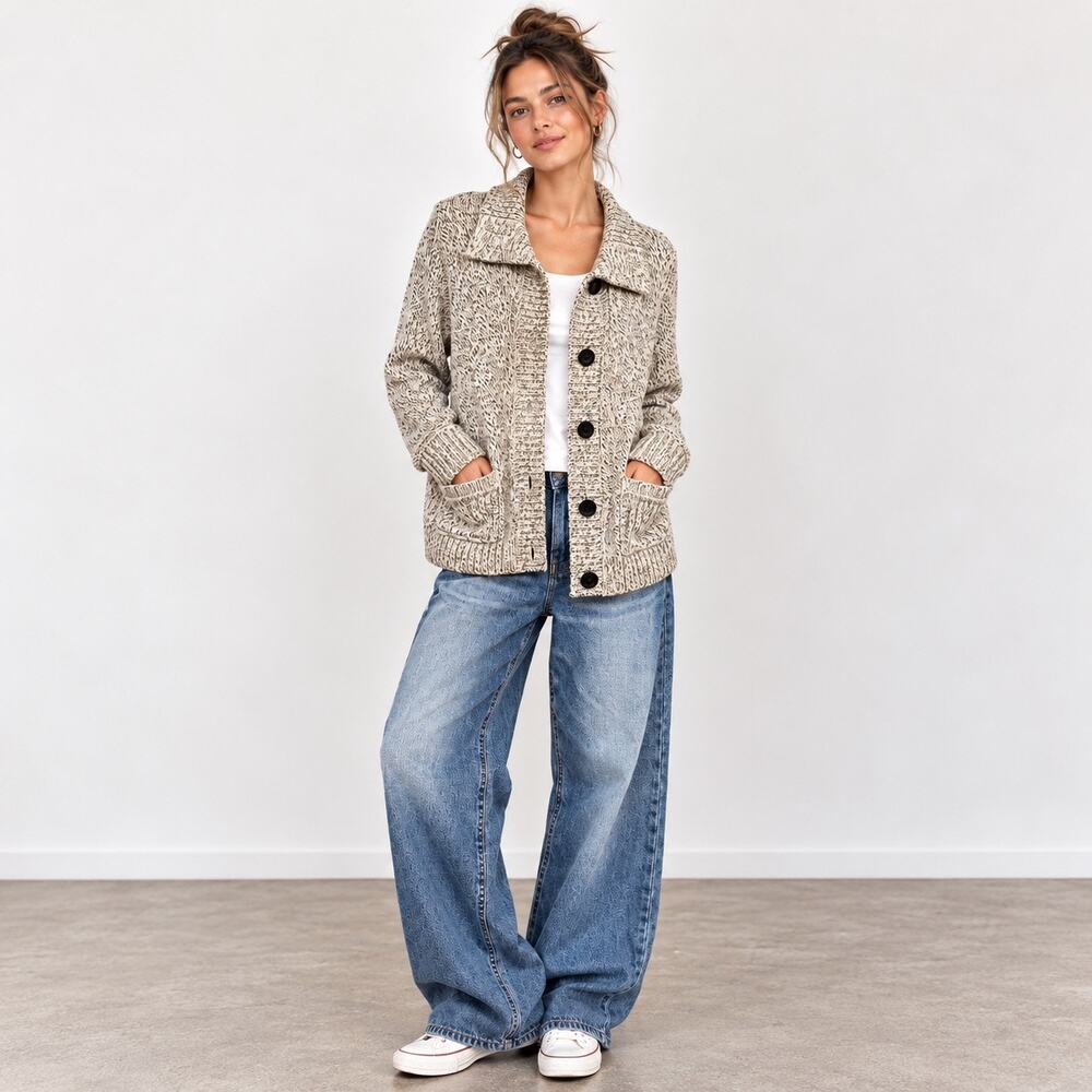 Karen Scott Chunky Knit Button Front Cardigan SzM Fisherman/Nautical